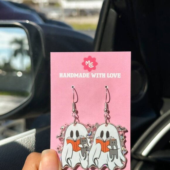 Cute Reading Ghost Earrings with Cat — Halloween Book Lover Dangles - Picture 3 of 3